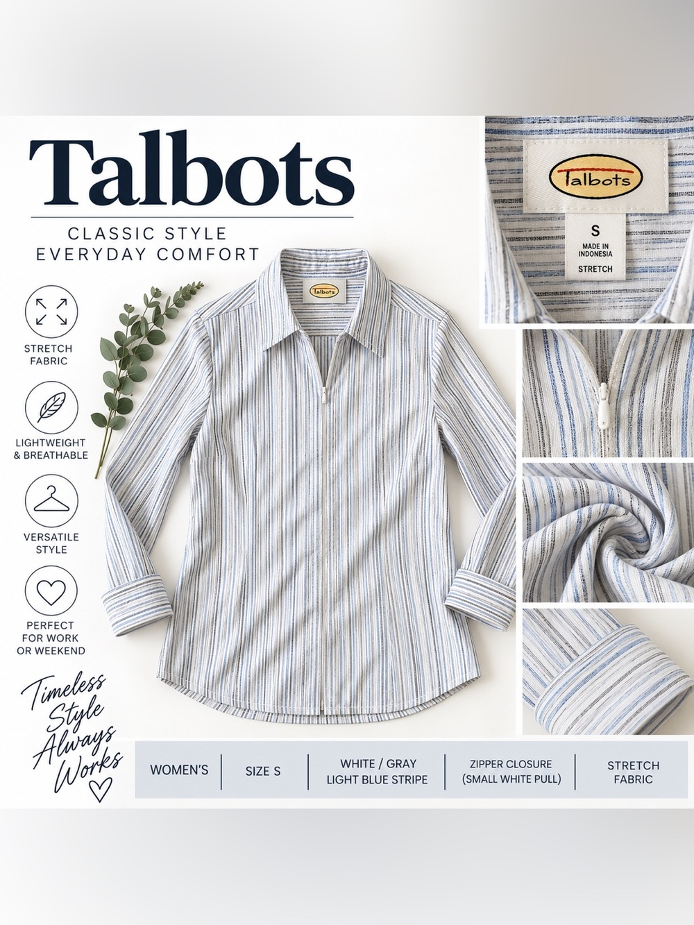 Talbots Light Blue and White Striped Casual Button-Down Shirt